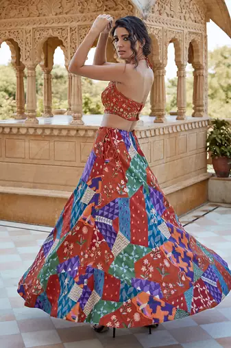 Burnt Orange Satin hand-embroidered Lehanga Set