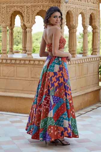Burnt Orange Satin hand-embroidered Lehanga Set