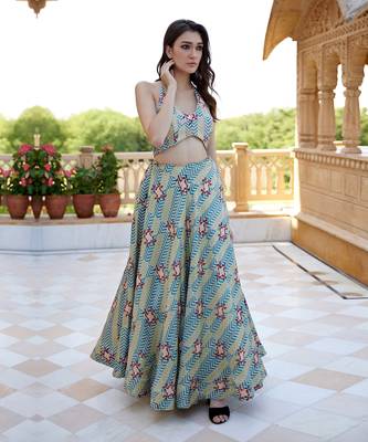 Pistachio Satin hand-embroidered Lehanga Set 1