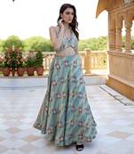 Pistachio Satin hand-embroidered Lehanga Set