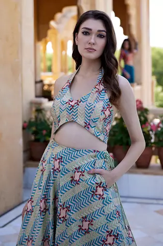 Pistachio Satin hand-embroidered Lehanga Set