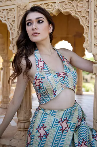 Pistachio Satin hand-embroidered Lehanga Set