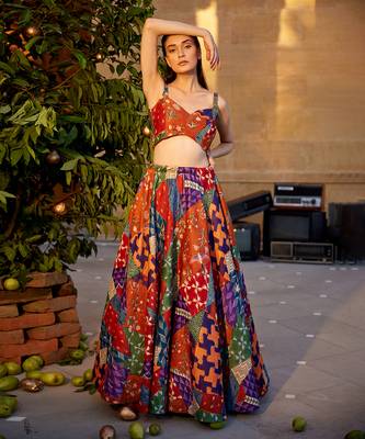 Burnt Orange Satin hand-embroidered Lehanga Set 1