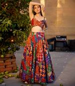 Burnt Orange Satin hand-embroidered Lehanga Set