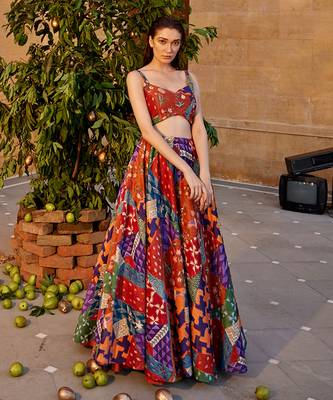 Burnt Orange Satin hand-embroidered Lehanga Set 2
