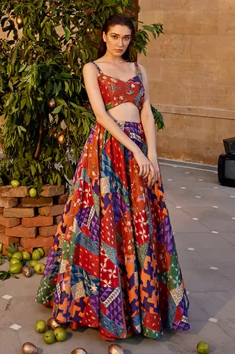 Burnt Orange Satin hand-embroidered Lehanga Set