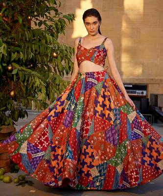 Burnt Orange Satin hand-embroidered Lehanga Set 3
