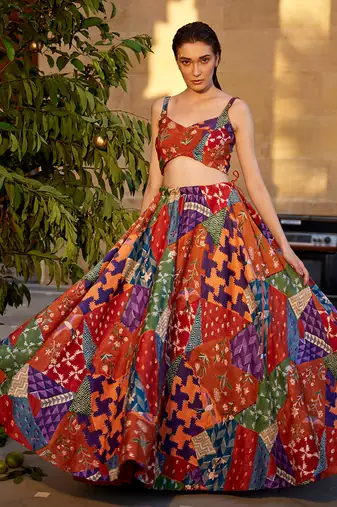 Burnt Orange Satin hand-embroidered Lehanga Set