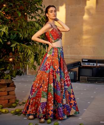 Burnt Orange Satin hand-embroidered Lehanga Set 4