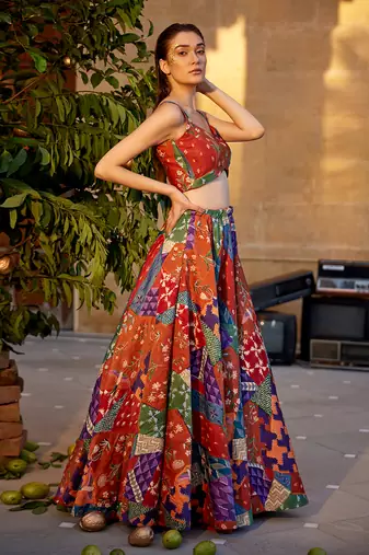 Burnt Orange Satin hand-embroidered Lehanga Set