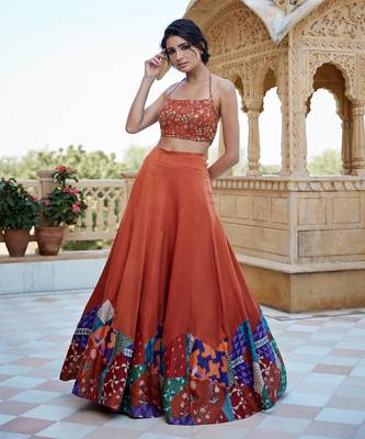 Burnt Orange Satin hand-embroidered Lehanga Set 1