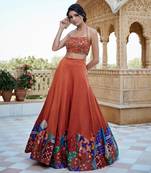 Burnt Orange Satin hand-embroidered Lehanga Set