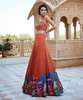 Burnt Orange Satin hand-embroidered Lehanga Set 2