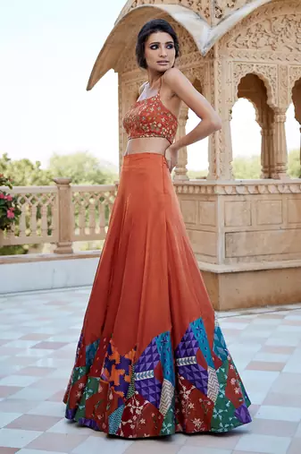 Burnt Orange Satin hand-embroidered Lehanga Set