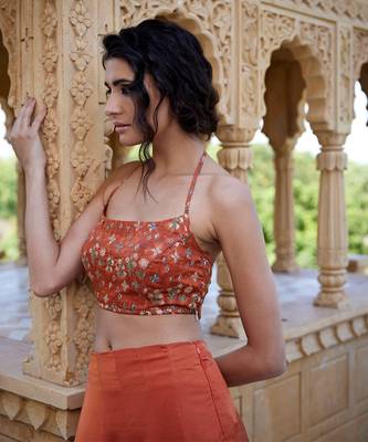 Burnt Orange Satin hand-embroidered Lehanga Set 3