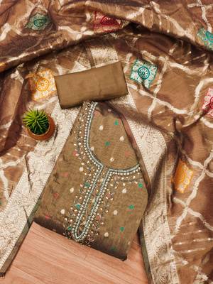Manvaa women's brown handwork simmer jacquard dress material 1