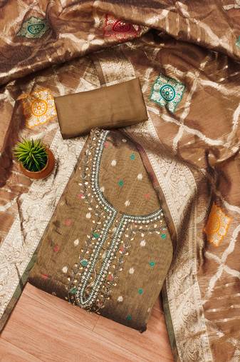 Manvaa women's brown unstitched handwork simmer jacquard dress material 