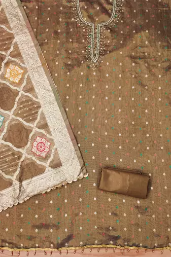 Manvaa women's brown handwork simmer jacquard dress material
