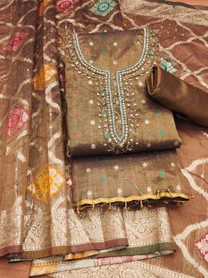 Manvaa women's brown handwork simmer jacquard dress material 3
