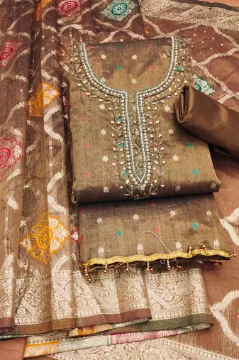 Manvaa women's brown handwork simmer jacquard dress material