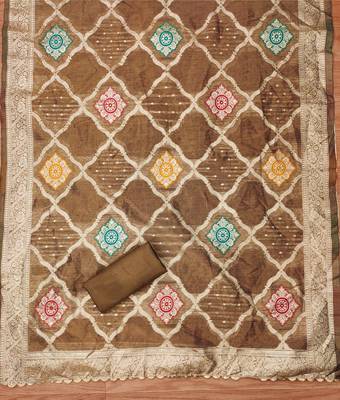 Manvaa women's brown handwork simmer jacquard dress material 4