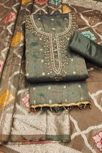 Manvaa women's grey handwork simmer jacquard dress material