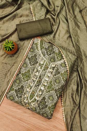 Manvaa women's green unstitched sequnce work organza dress material 