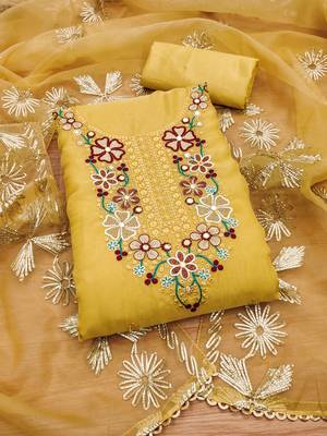 Manvaa women's yellow sequnce work soft organza dress material 1