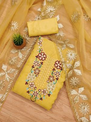 Manvaa women's yellow sequnce work soft organza dress material 3