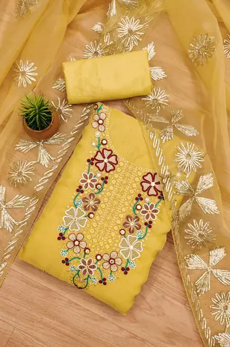Manvaa women's yellow sequnce work soft organza dress material