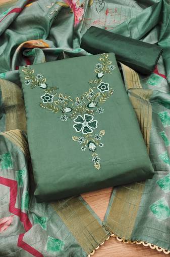 Manvaa women's green unstitched sequnce work roman silk dress material 