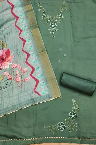 Manvaa women's green sequnce work roman silk dress material