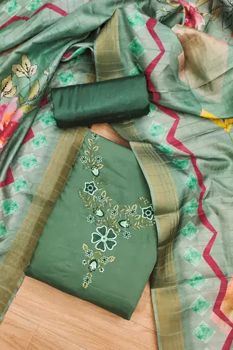 Manvaa women's green sequnce work roman silk dress material