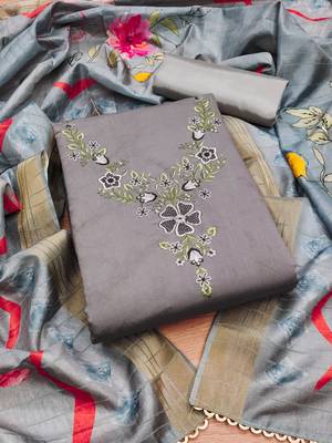 Manvaa women's grey sequnce work roman silk dress material 1