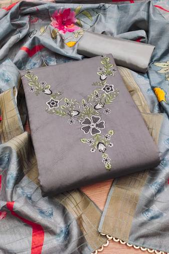 Manvaa women's grey unstitched sequnce work roman silk dress material 