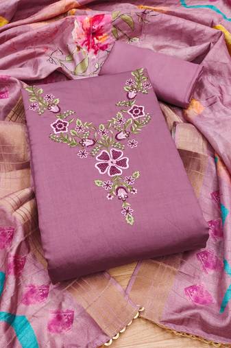Manvaa women's purple unstitched sequnce work roman silk dress material 