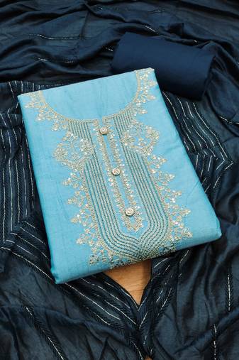 Manvaa women's sky blue unstitched sequnce work rayon slub dress material 
