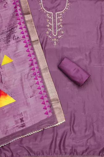 Manvaa women's levender handwork simmer silk dress material