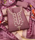 Manvaa women's purple unstitched handwork simmer silk dress material