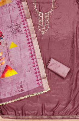 Manvaa women's purple unstitched handwork simmer silk dress material  2