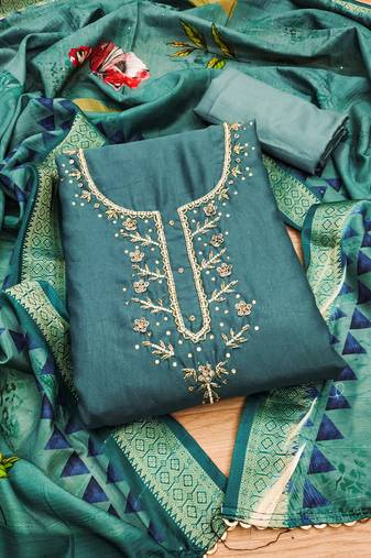 Manvaa women's teal blue unstitched handwork simmer silk dress material 