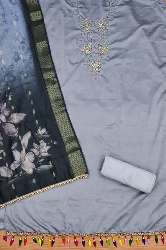 Manvaa women's grey handwork roman silk dress material