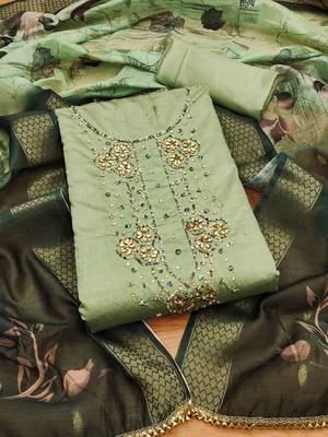 Manvaa women's light green handwork roman silk dress material 1