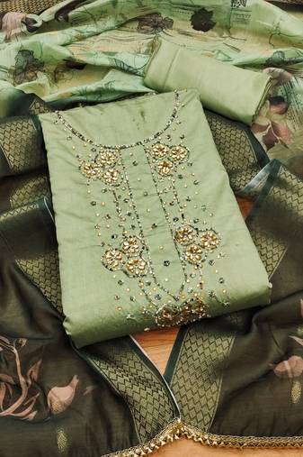 Manvaa women's light green unstitched handwork roman silk dress material 
