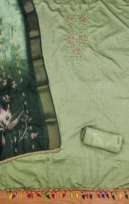 Manvaa women's light green handwork roman silk dress material 2