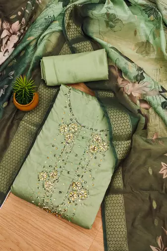 Manvaa women's light green handwork roman silk dress material