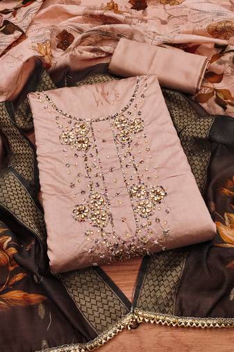 Manvaa women's peach unstitched handwork roman silk dress material 