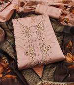 Manvaa women's peach unstitched handwork roman silk dress material