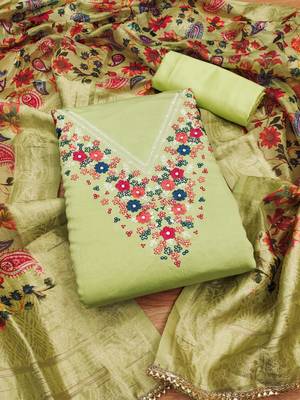 Manvaa women's light green thread work roman silk dress material 1