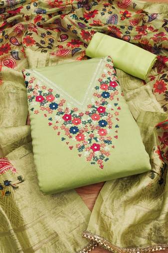 Manvaa women's light green unstitched thread work roman silk dress material 